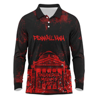 Personalized Pennsylvania Philadelphia Museum Of Art Long Sleeve Polo Shirt Red Grunge Paint Splatter Graphic