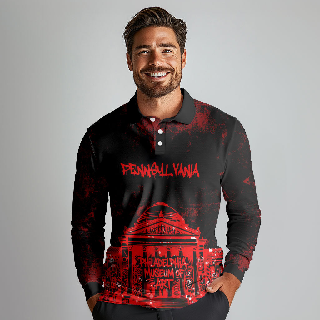 Personalized Pennsylvania Philadelphia Museum Of Art Long Sleeve Polo Shirt Red Grunge Paint Splatter Graphic