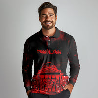 Personalized Pennsylvania Philadelphia Museum Of Art Long Sleeve Polo Shirt Red Grunge Paint Splatter Graphic