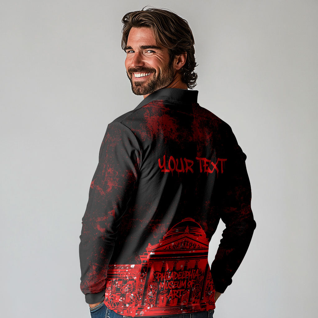 Personalized Pennsylvania Philadelphia Museum Of Art Long Sleeve Polo Shirt Red Grunge Paint Splatter Graphic