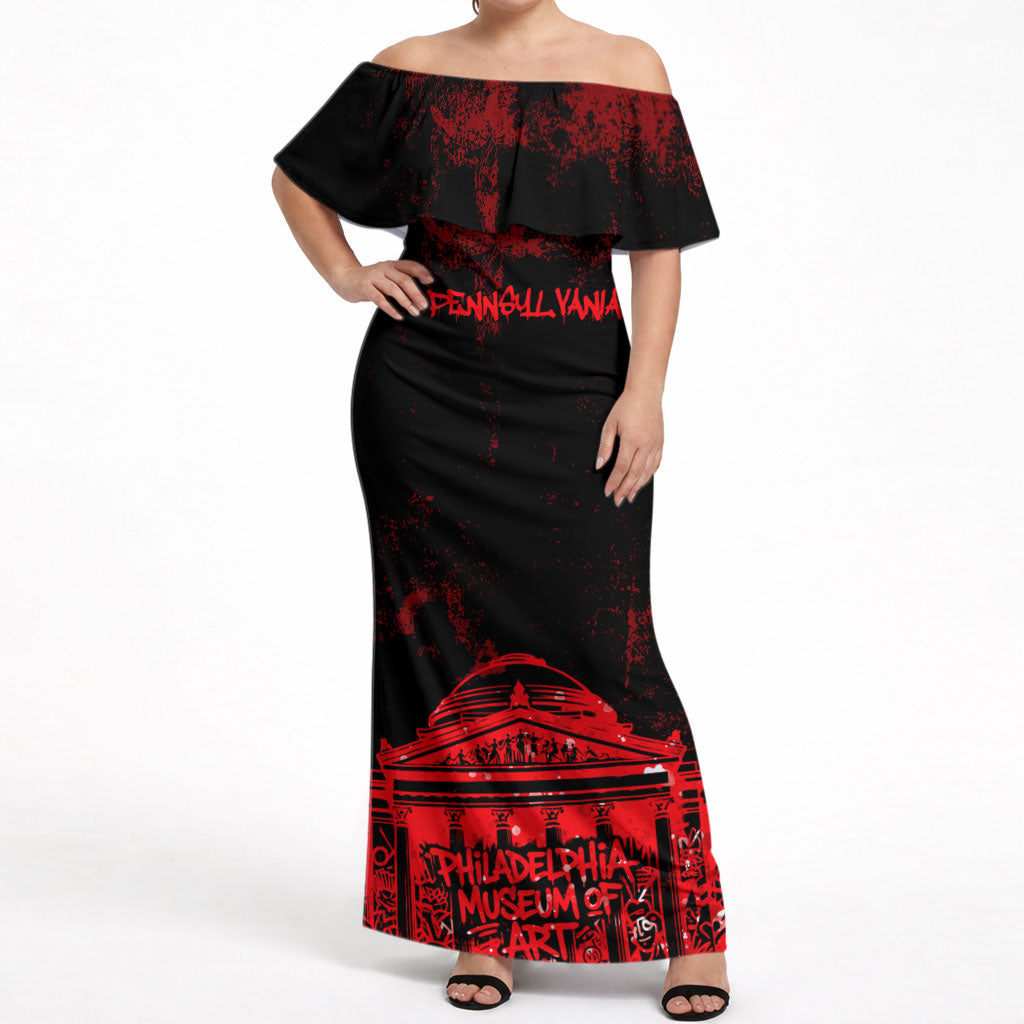 Personalized Pennsylvania Philadelphia Museum Of Art Off Shoulder Maxi Dress Red Grunge Paint Splatter Graphic