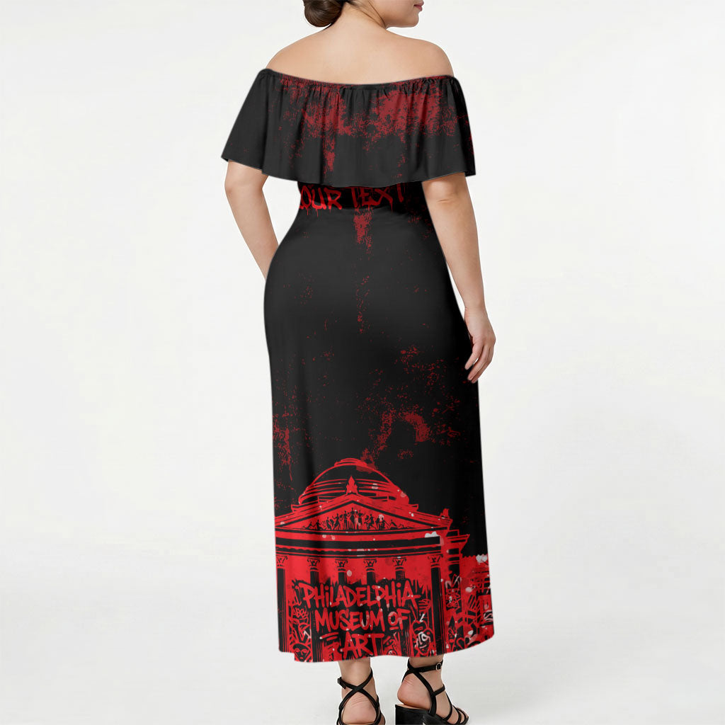 Personalized Pennsylvania Philadelphia Museum Of Art Off Shoulder Maxi Dress Red Grunge Paint Splatter Graphic
