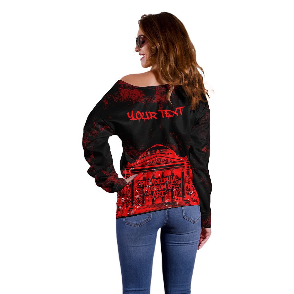 Personalized Pennsylvania Philadelphia Museum Of Art Off Shoulder Sweater Red Grunge Paint Splatter Graphic