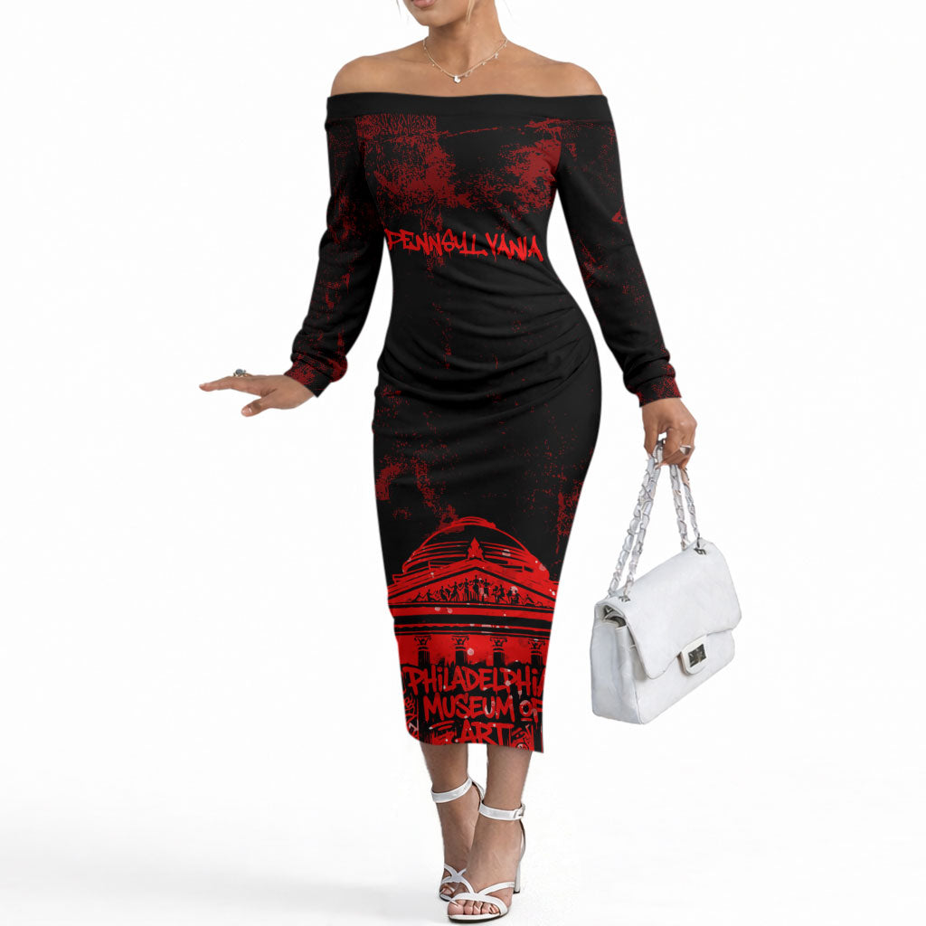 Personalized Pennsylvania Philadelphia Museum Of Art Off The Shoulder Long Sleeve Dress Red Grunge Paint Splatter Graphic