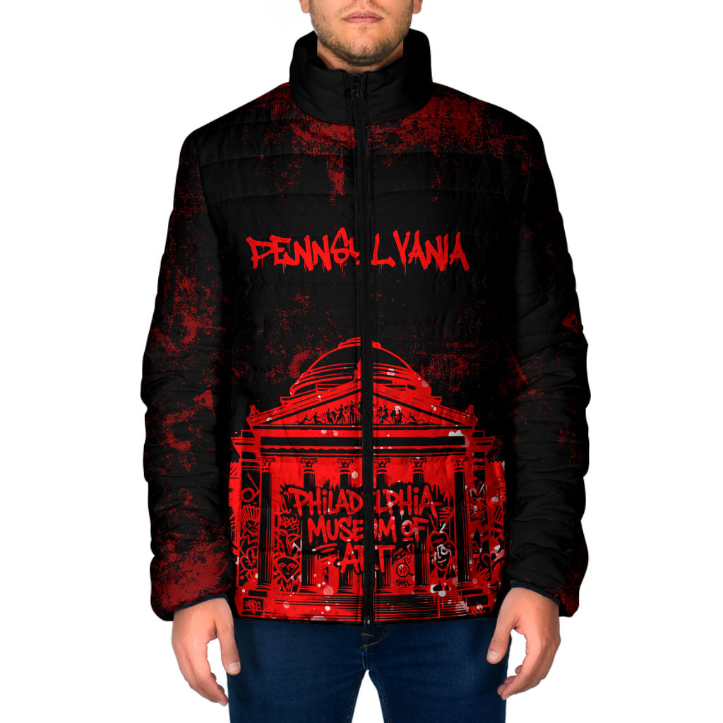 Personalized Pennsylvania Philadelphia Museum Of Art Padded Jacket Red Grunge Paint Splatter Graphic