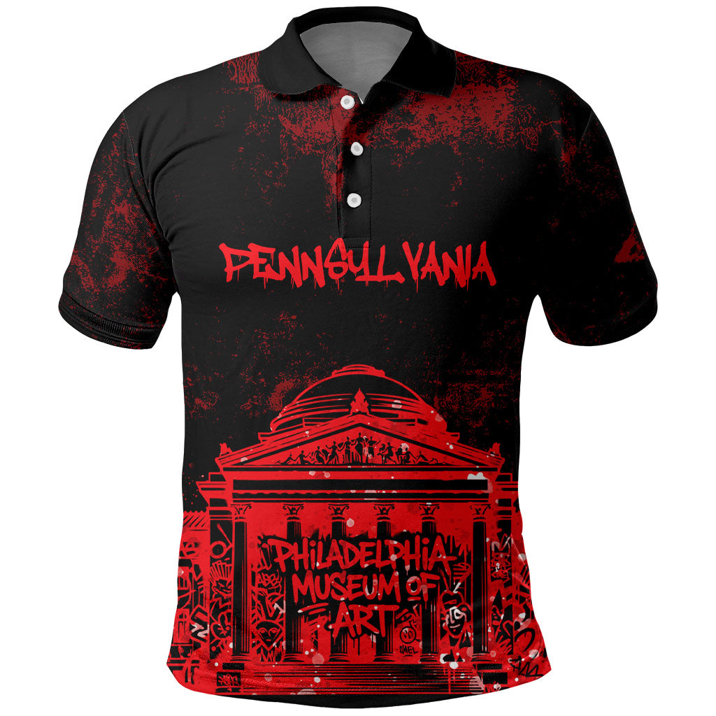 Personalized Pennsylvania Philadelphia Museum Of Art Polo Shirt Red Grunge Paint Splatter Graphic