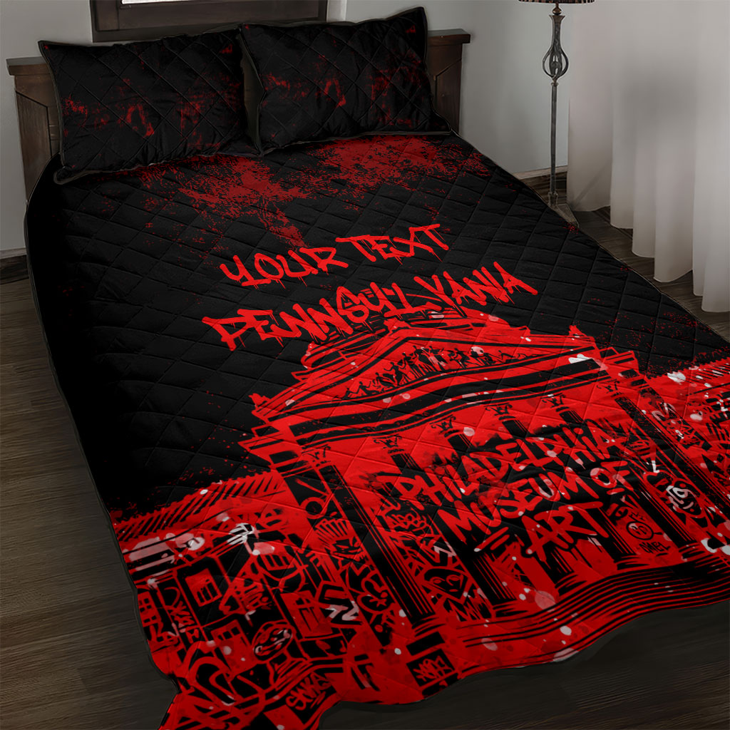 Personalized Pennsylvania Philadelphia Museum Of Art Quilt Bed Set Red Grunge Paint Splatter Graphic