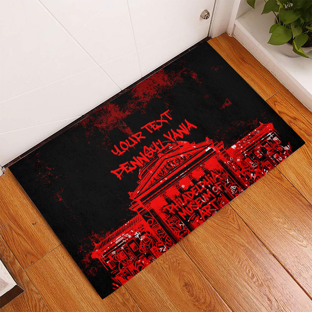 Personalized Pennsylvania Philadelphia Museum Of Art Rubber Doormat Red Grunge Paint Splatter Graphic