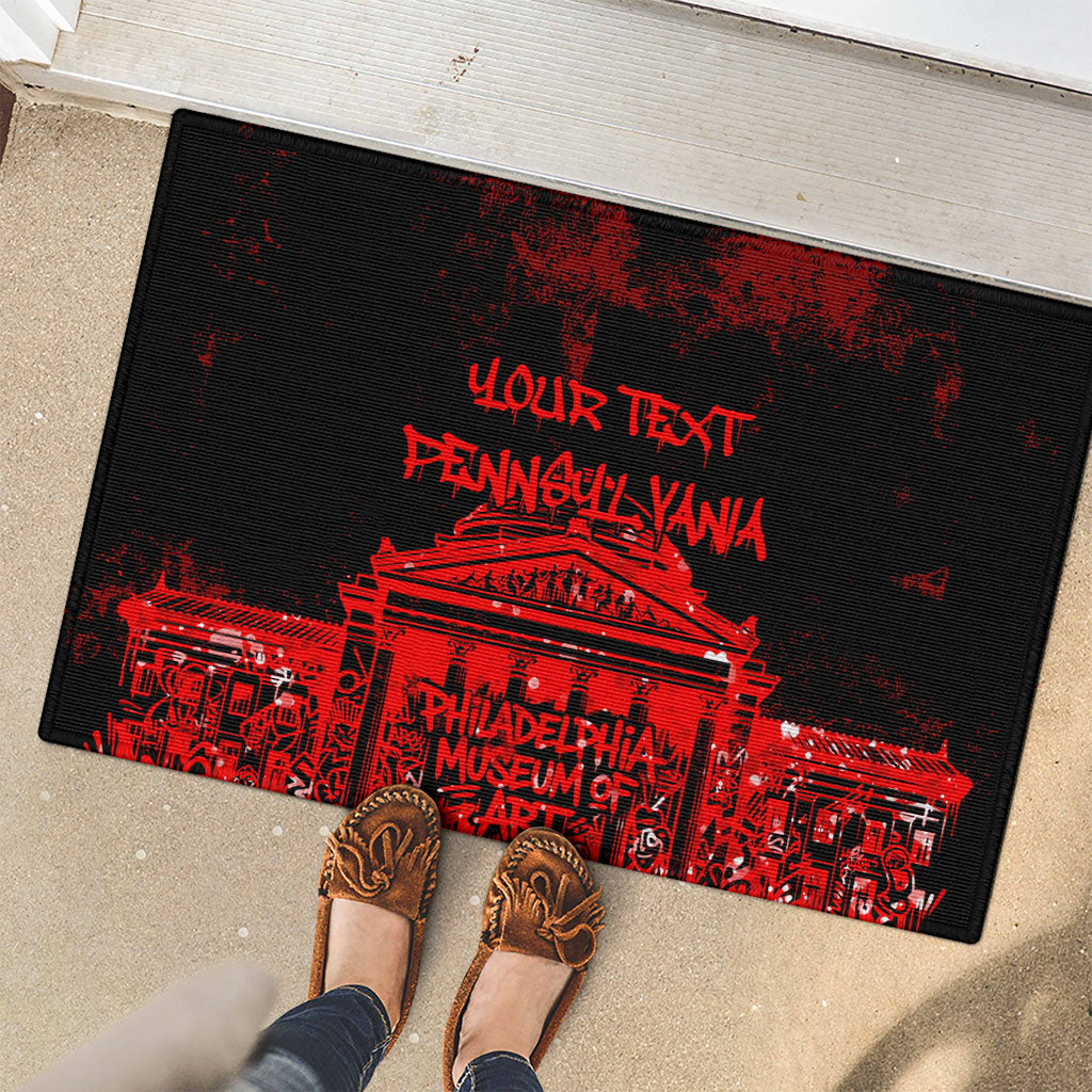 Personalized Pennsylvania Philadelphia Museum Of Art Rubber Doormat Red Grunge Paint Splatter Graphic
