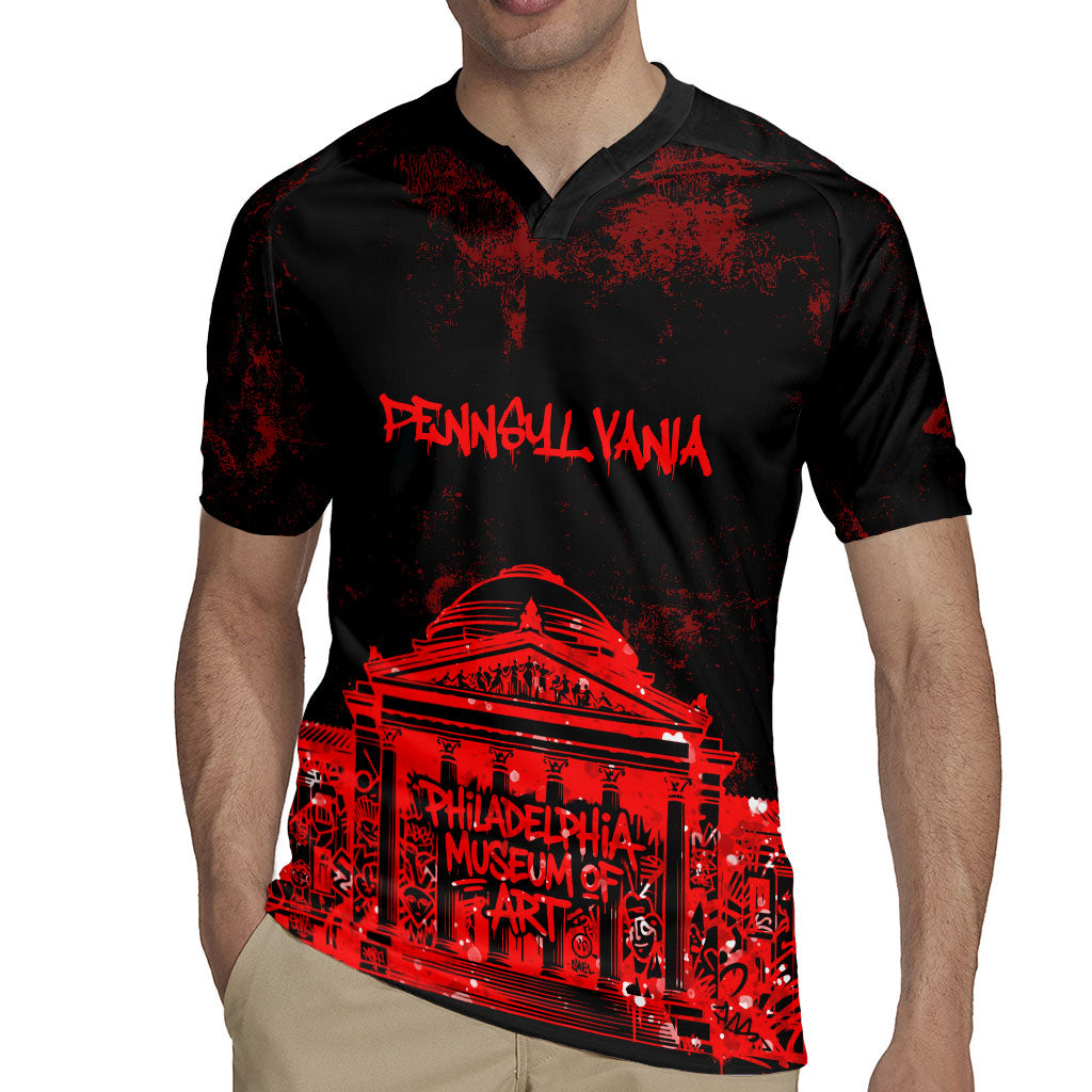 Personalized Pennsylvania Philadelphia Museum Of Art Rugby Jersey Red Grunge Paint Splatter Graphic