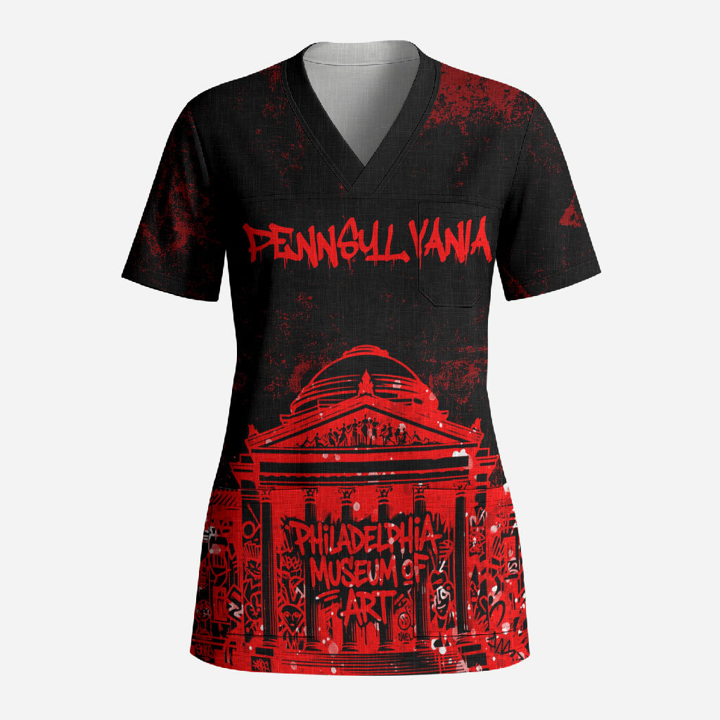 Personalized Pennsylvania Philadelphia Museum Of Art Scrub Top Red Grunge Paint Splatter Graphic