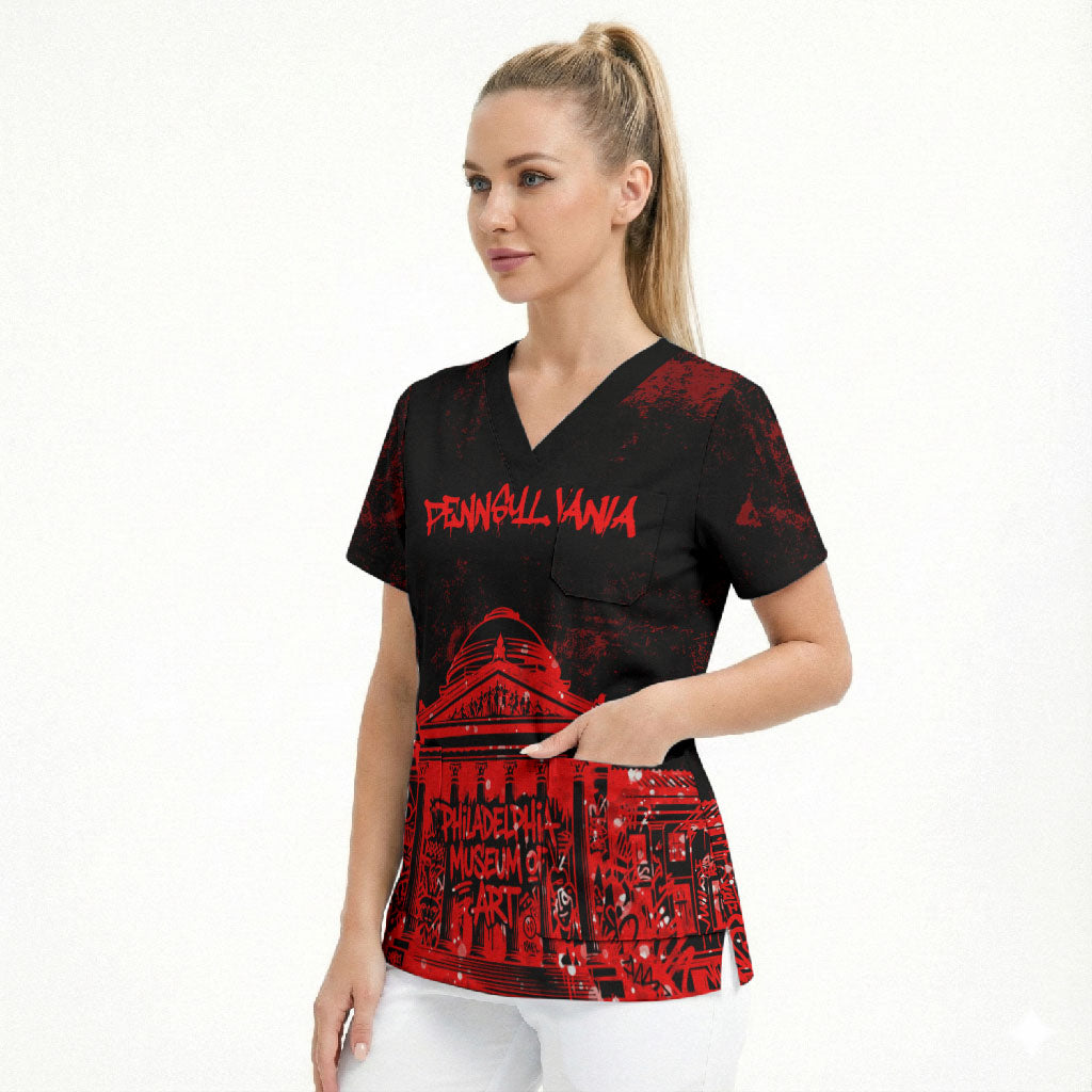 Personalized Pennsylvania Philadelphia Museum Of Art Scrub Top Red Grunge Paint Splatter Graphic