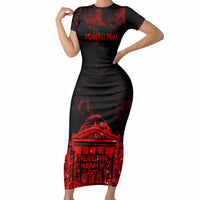 Personalized Pennsylvania Philadelphia Museum Of Art Short Sleeve Bodycon Dress Red Grunge Paint Splatter Graphic