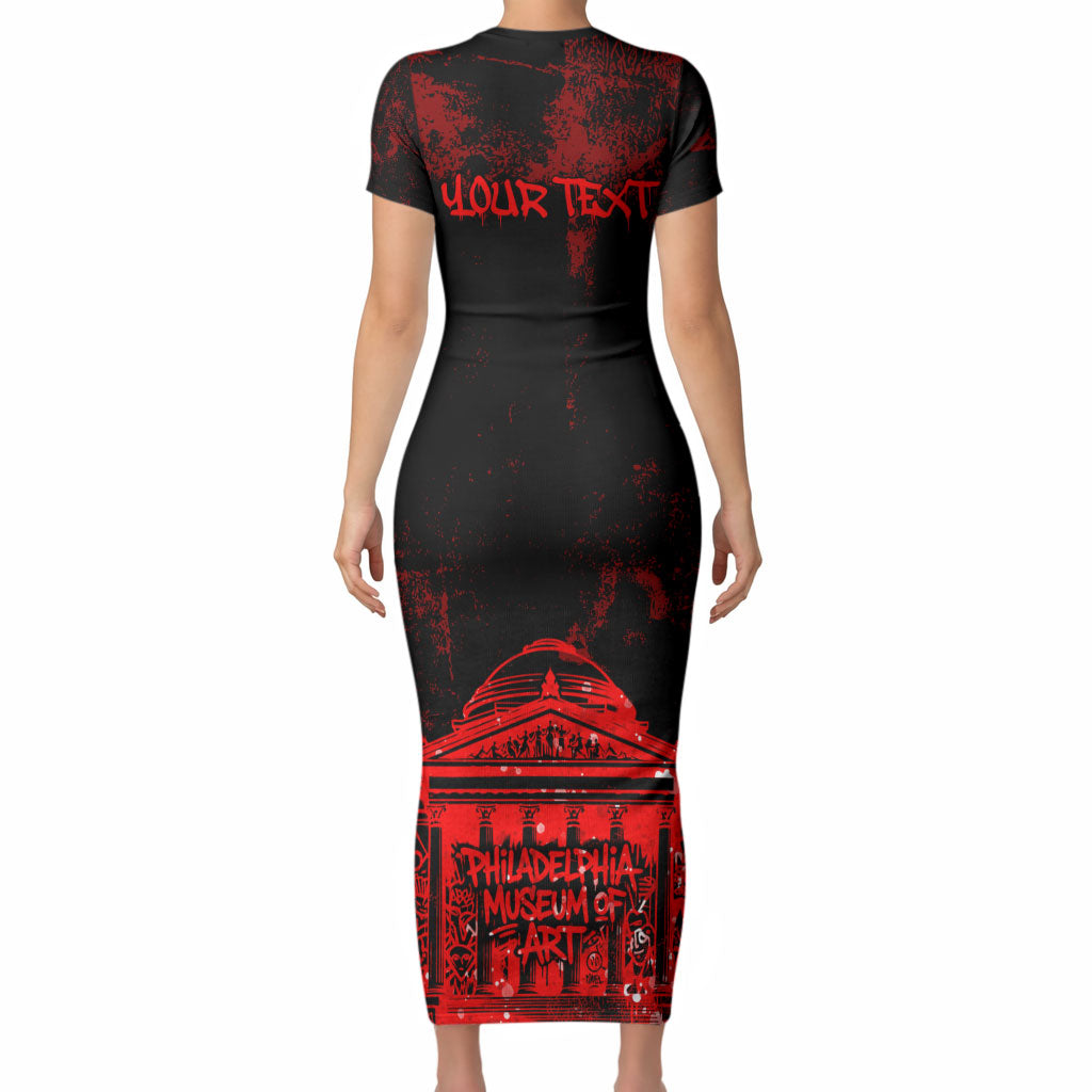 Personalized Pennsylvania Philadelphia Museum Of Art Short Sleeve Bodycon Dress Red Grunge Paint Splatter Graphic