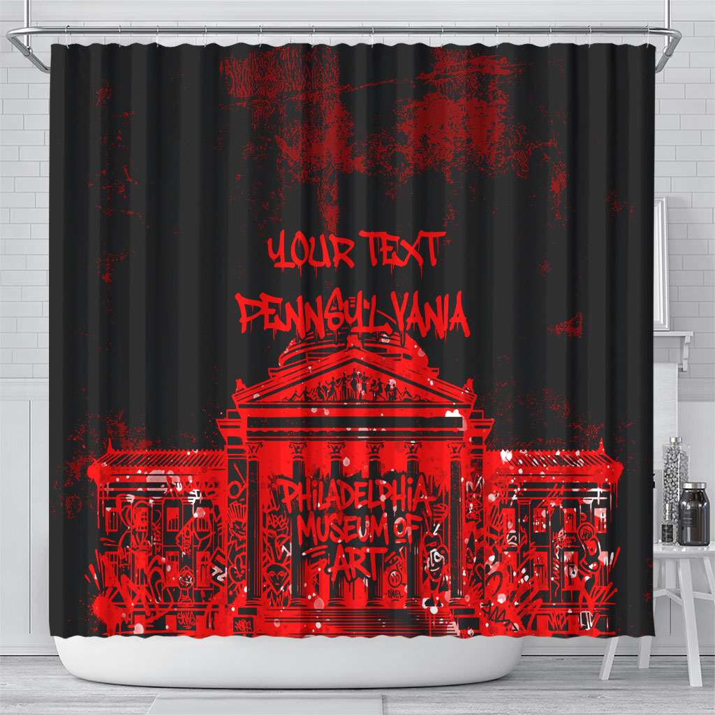 Personalized Pennsylvania Philadelphia Museum Of Art Shower Curtain Red Grunge Paint Splatter Graphic