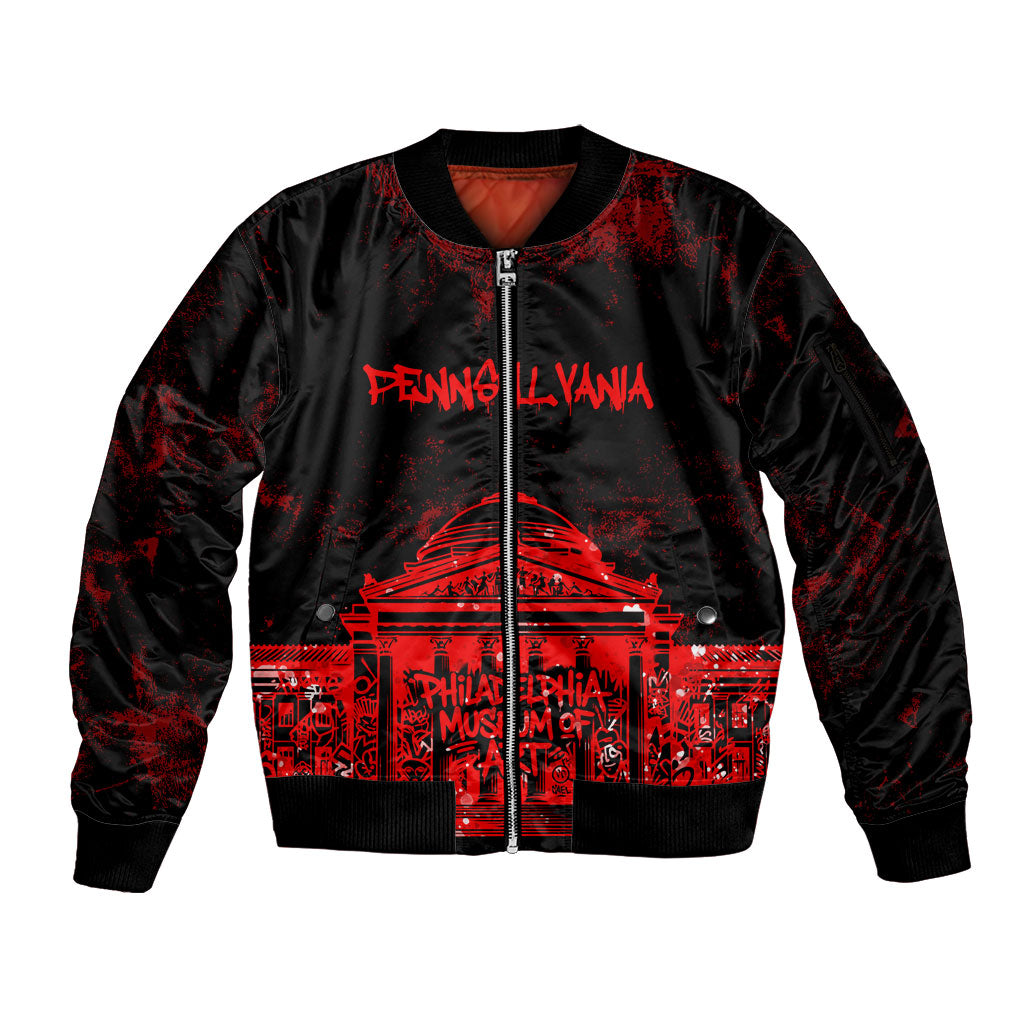 Personalized Pennsylvania Philadelphia Museum Of Art Sleeve Zip Bomber Jacket Red Grunge Paint Splatter Graphic
