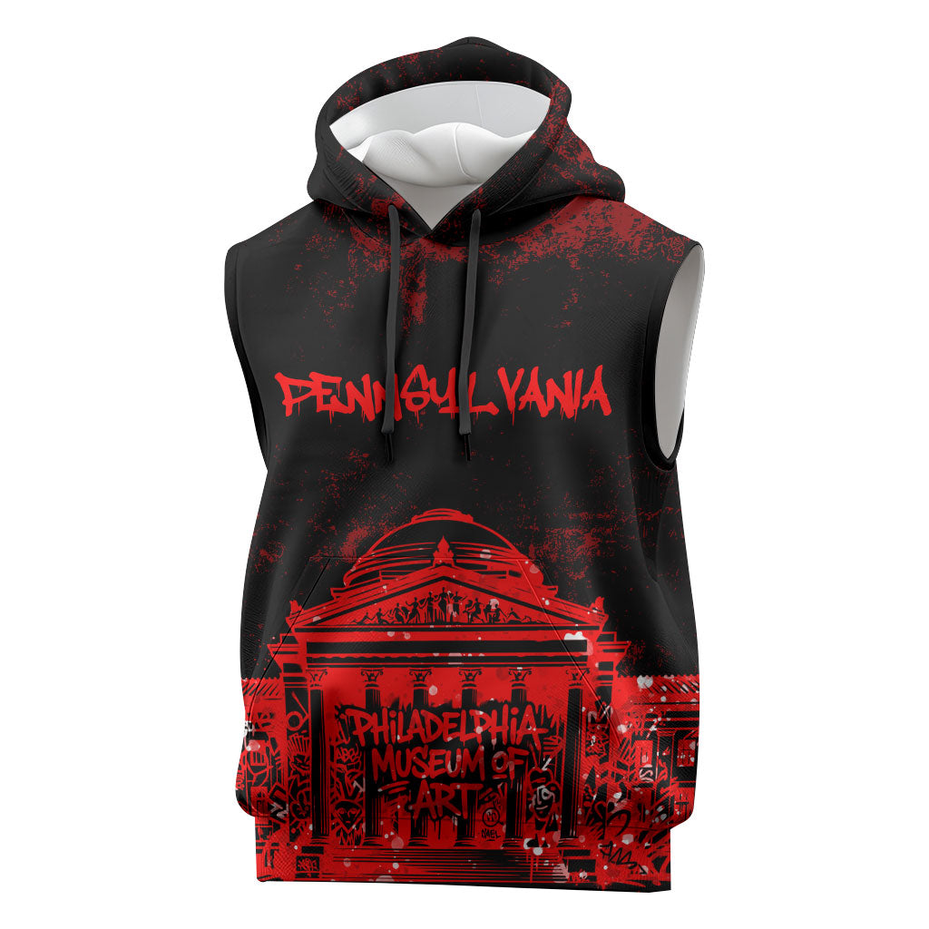 Personalized Pennsylvania Philadelphia Museum Of Art Sleeveless Hoodie Red Grunge Paint Splatter Graphic
