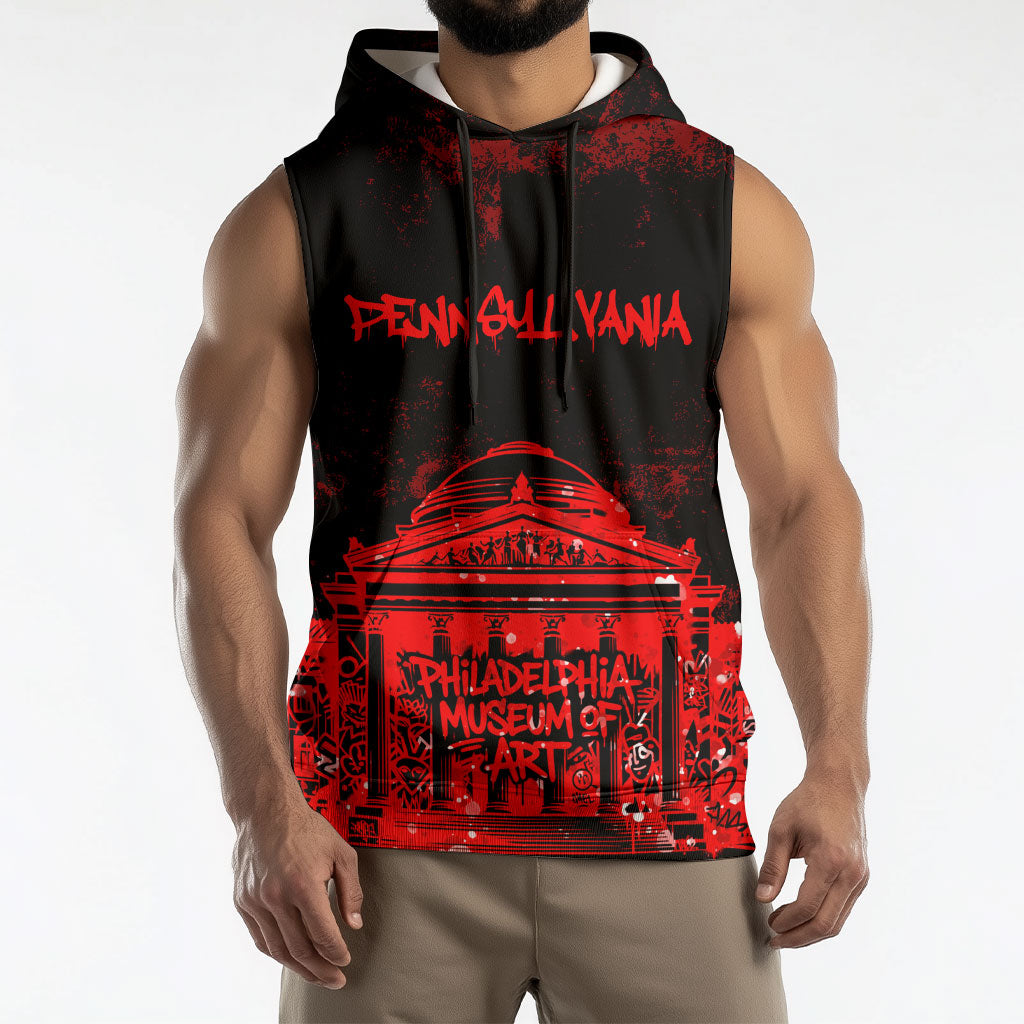 Personalized Pennsylvania Philadelphia Museum Of Art Sleeveless Hoodie Red Grunge Paint Splatter Graphic