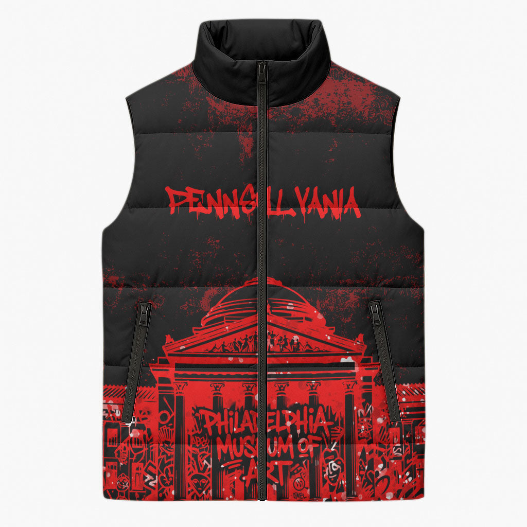 Personalized Pennsylvania Philadelphia Museum Of Art Sleeveless Puffer Jacket Red Grunge Paint Splatter Graphic