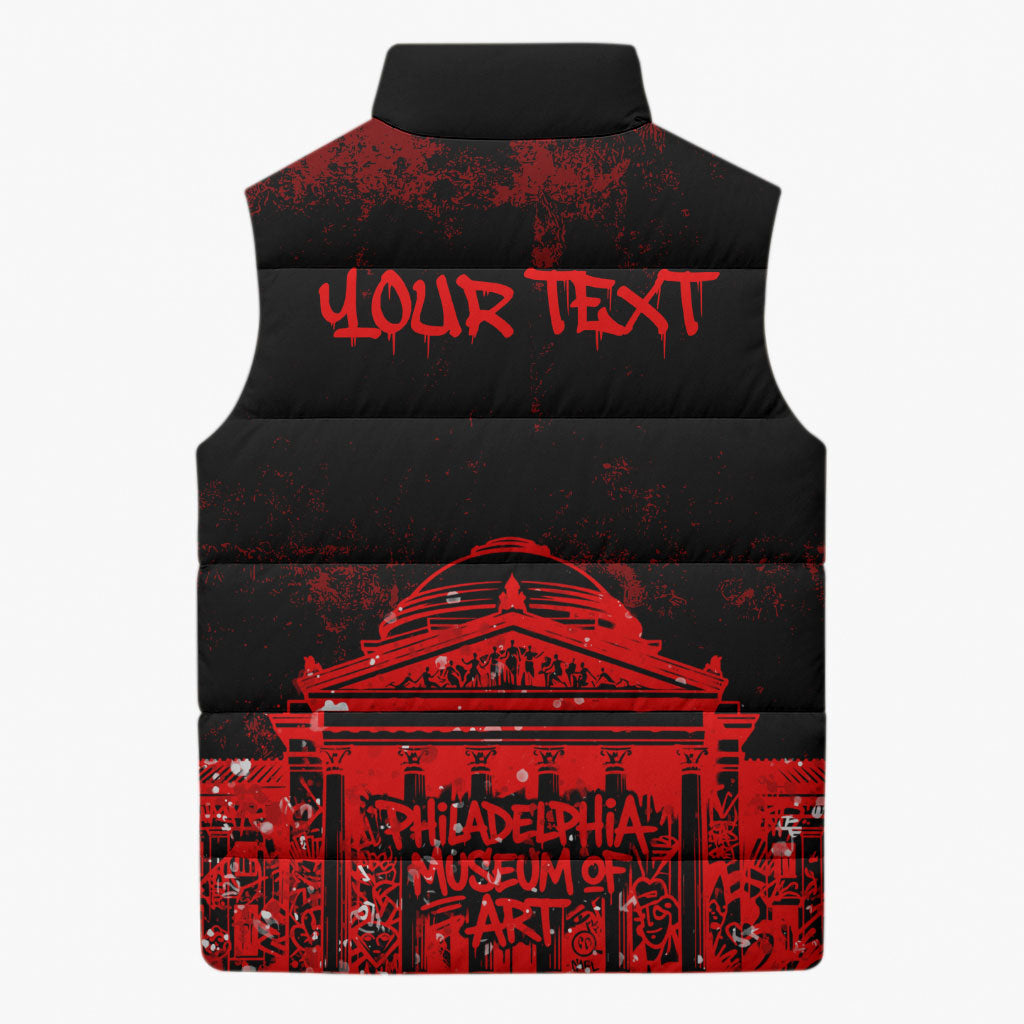 Personalized Pennsylvania Philadelphia Museum Of Art Sleeveless Puffer Jacket Red Grunge Paint Splatter Graphic