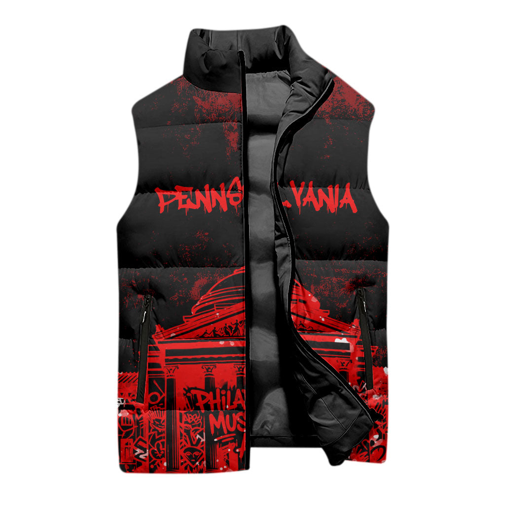 Personalized Pennsylvania Philadelphia Museum Of Art Sleeveless Puffer Jacket Red Grunge Paint Splatter Graphic