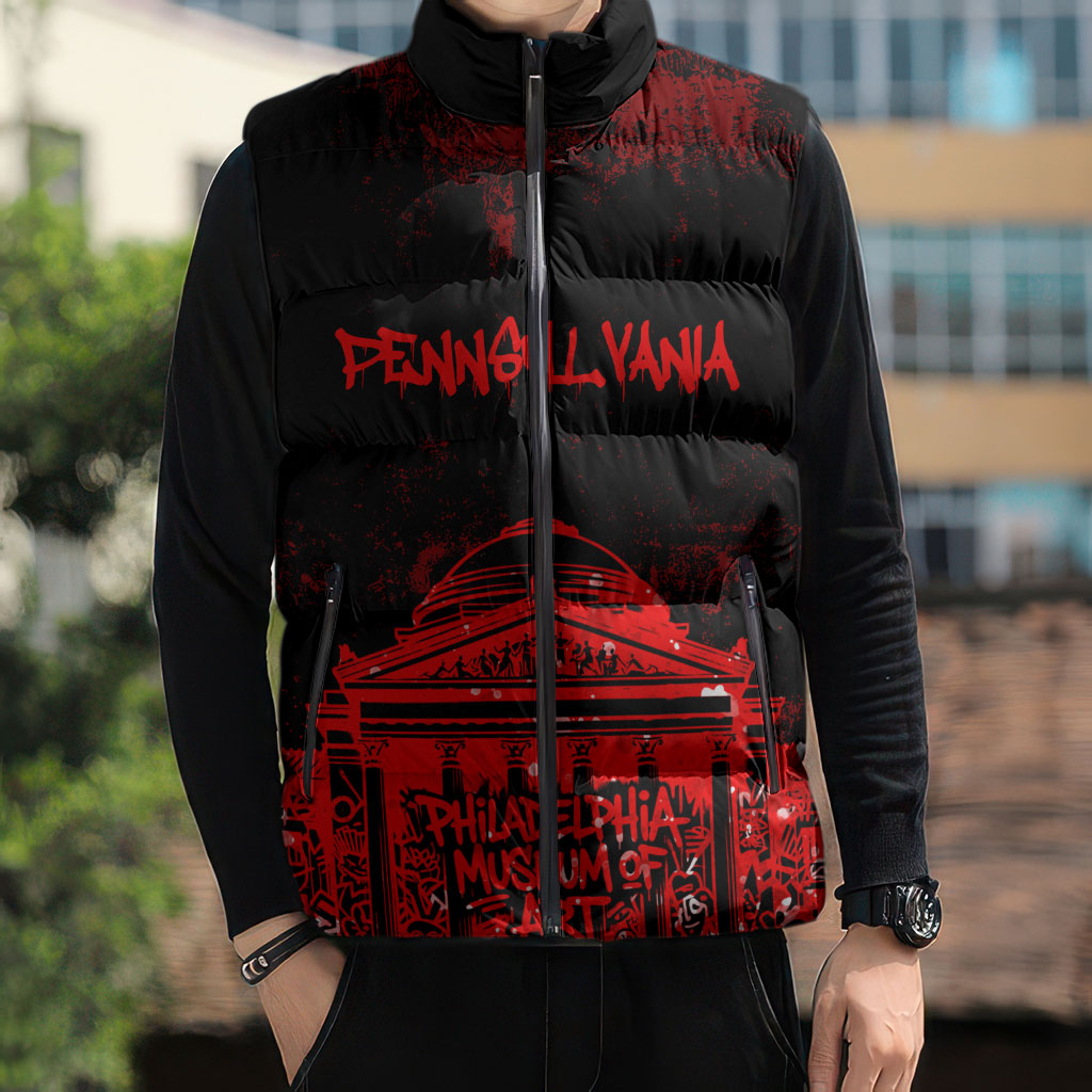 Personalized Pennsylvania Philadelphia Museum Of Art Sleeveless Puffer Jacket Red Grunge Paint Splatter Graphic