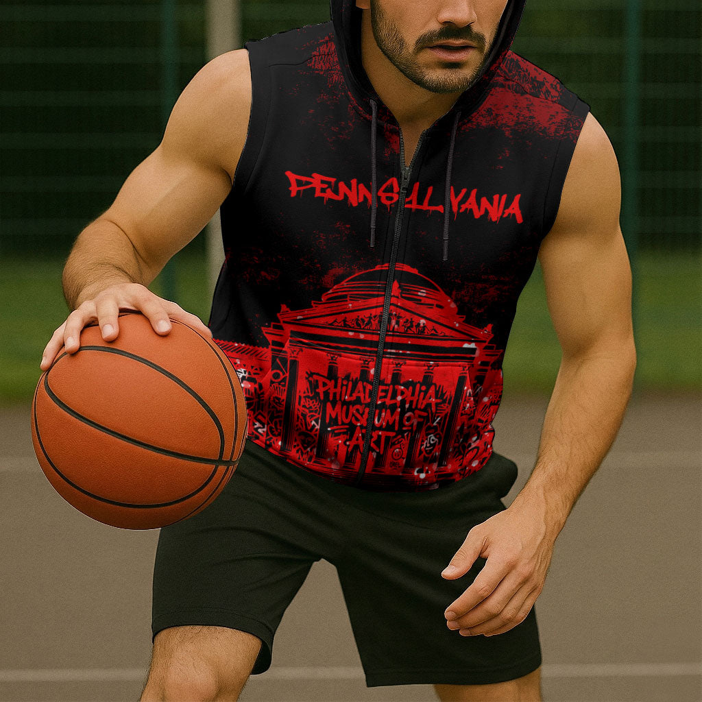 Personalized Pennsylvania Philadelphia Museum Of Art Sleeveless Zip Hoodie Red Grunge Paint Splatter Graphic