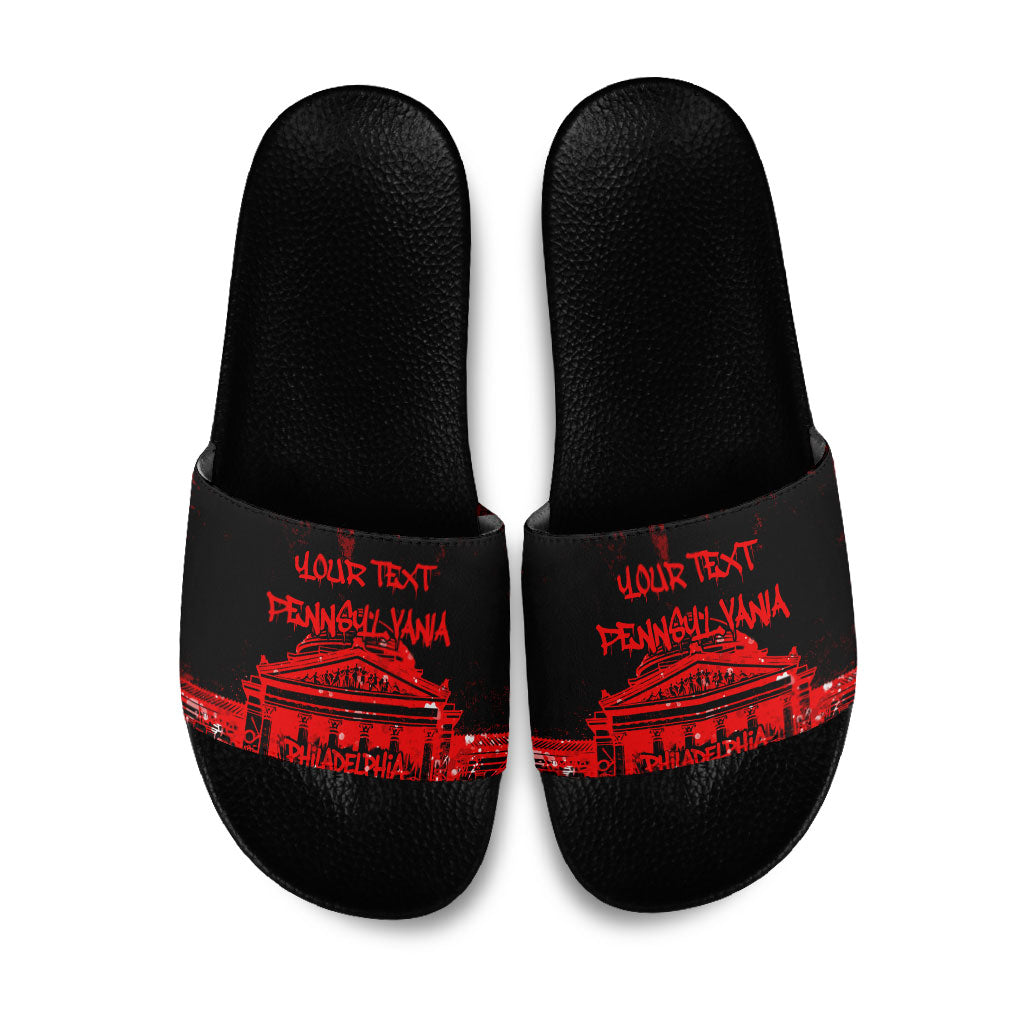 Personalized Pennsylvania Philadelphia Museum Of Art Slide Sandals Red Grunge Paint Splatter Graphic