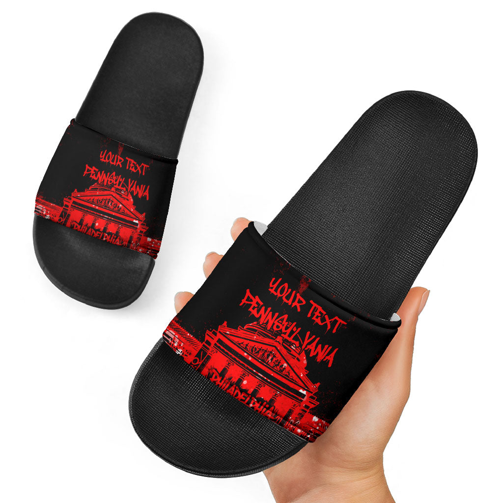 Personalized Pennsylvania Philadelphia Museum Of Art Slide Sandals Red Grunge Paint Splatter Graphic