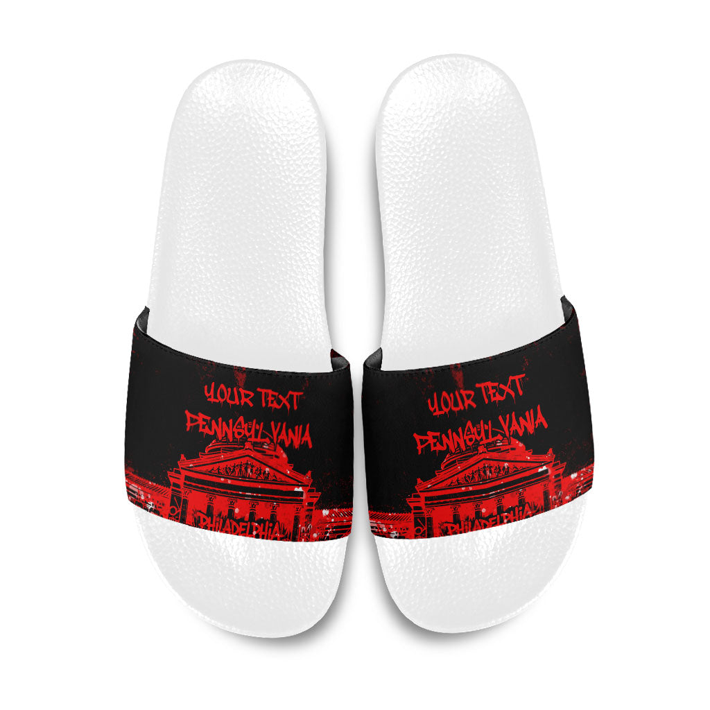 Personalized Pennsylvania Philadelphia Museum Of Art Slide Sandals Red Grunge Paint Splatter Graphic