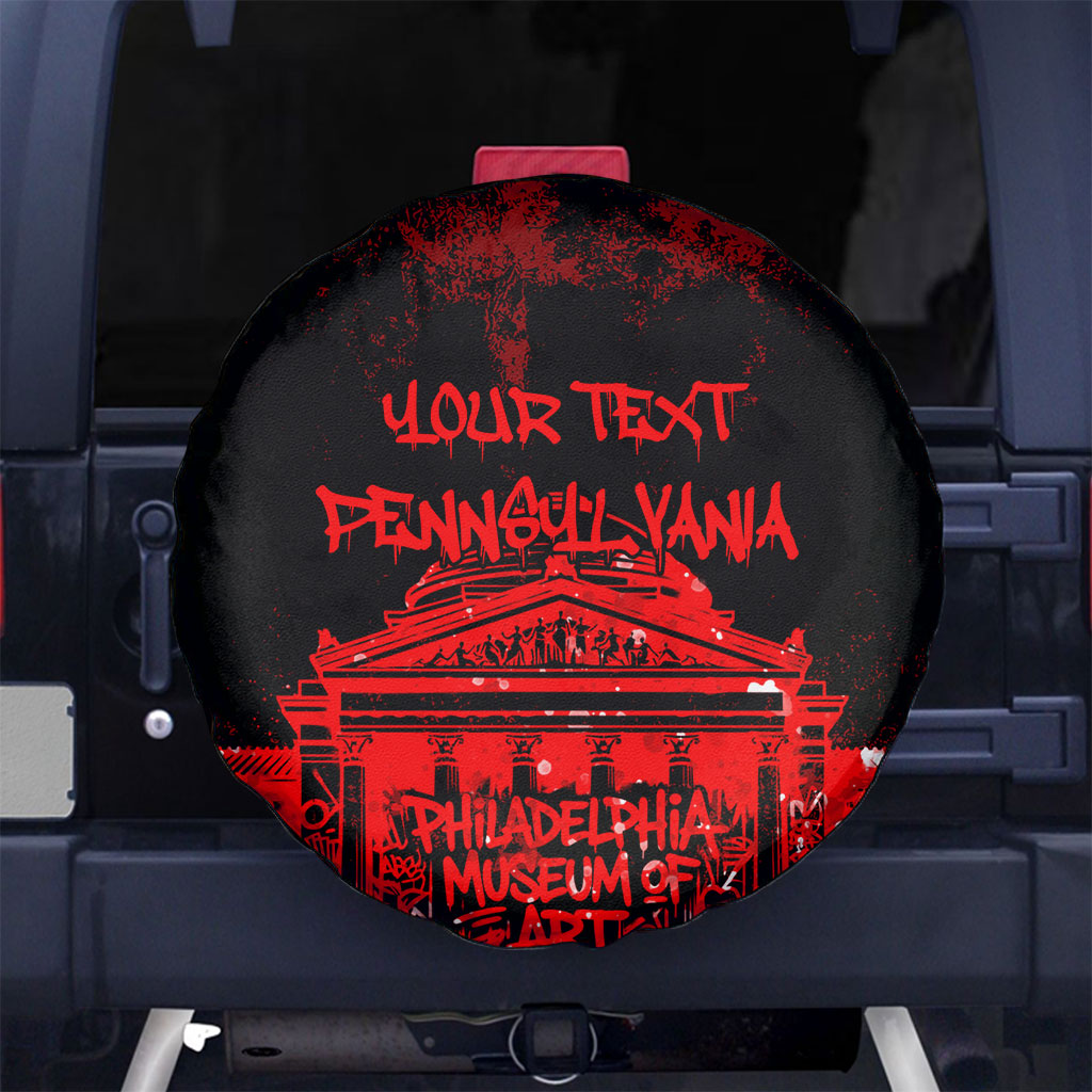 Personalized Pennsylvania Philadelphia Museum Of Art Spare Tire Cover Red Grunge Paint Splatter Graphic