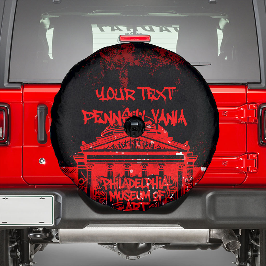 Personalized Pennsylvania Philadelphia Museum Of Art Spare Tire Cover Red Grunge Paint Splatter Graphic