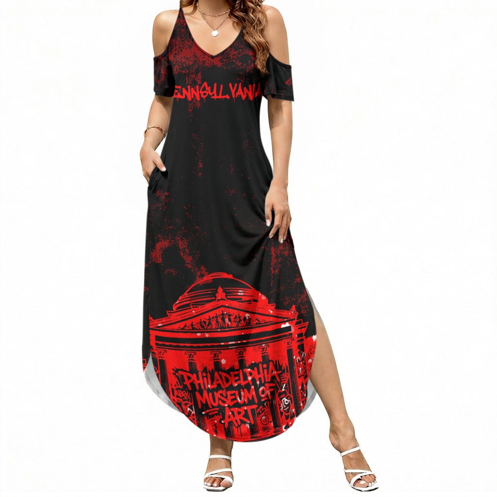 Personalized Pennsylvania Philadelphia Museum Of Art Summer Maxi Dress Red Grunge Paint Splatter Graphic