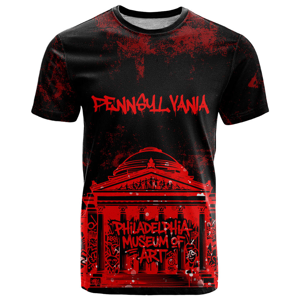 Personalized Pennsylvania Philadelphia Museum Of Art T Shirt Red Grunge Paint Splatter Graphic