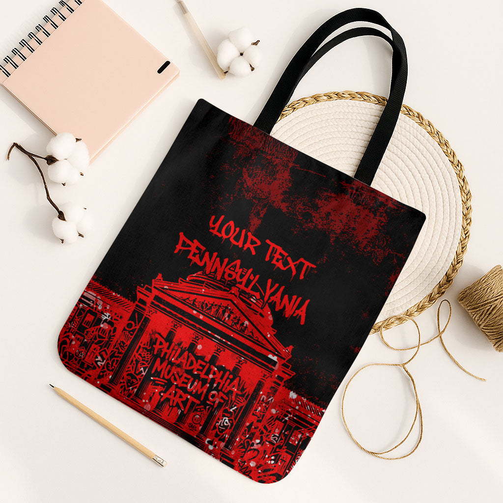 Personalized Pennsylvania Philadelphia Museum Of Art Tote Bag Red Grunge Paint Splatter Graphic