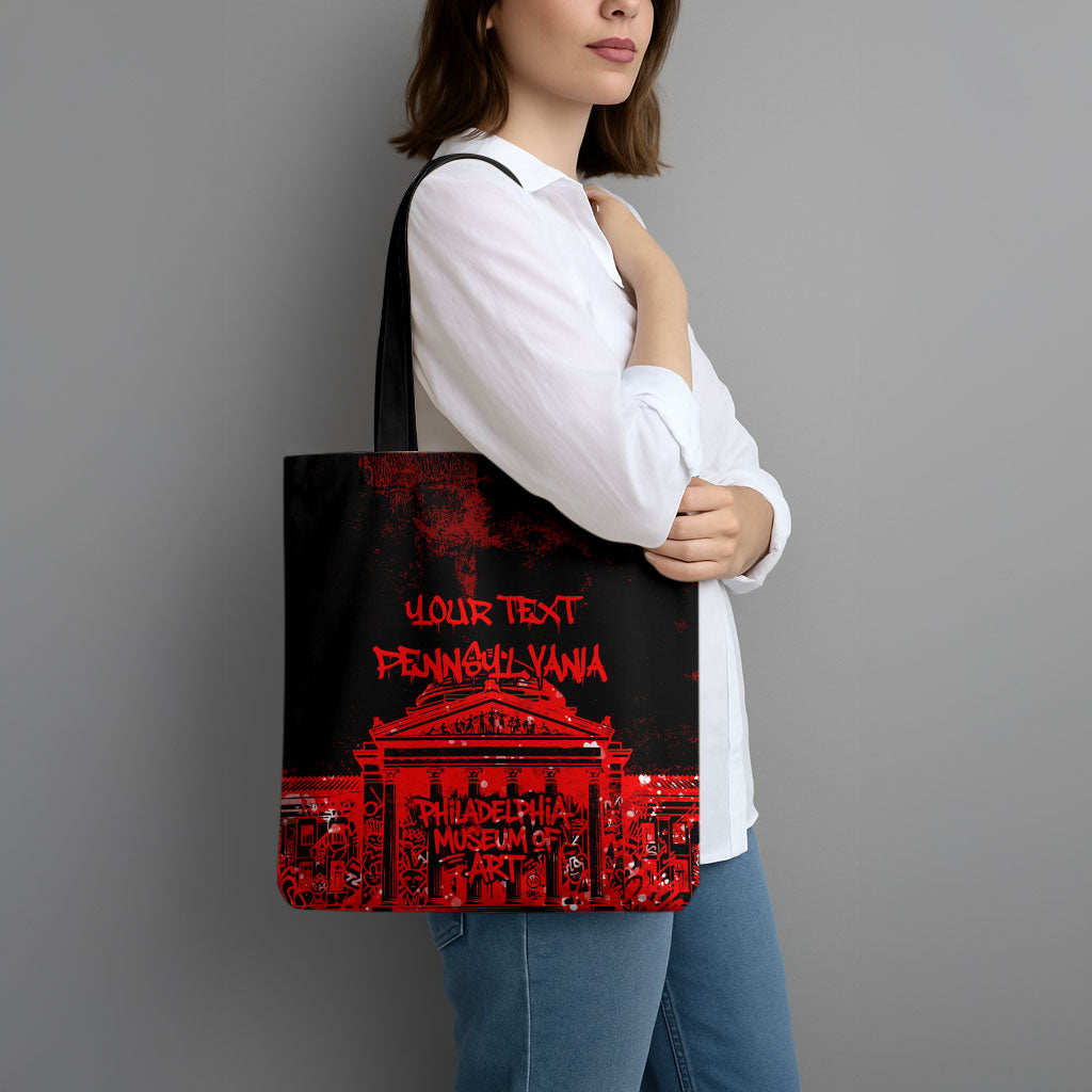 Personalized Pennsylvania Philadelphia Museum Of Art Tote Bag Red Grunge Paint Splatter Graphic