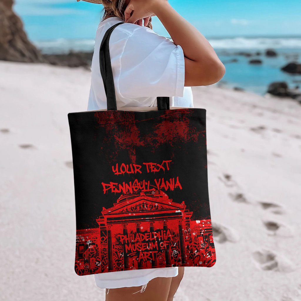 Personalized Pennsylvania Philadelphia Museum Of Art Tote Bag Red Grunge Paint Splatter Graphic