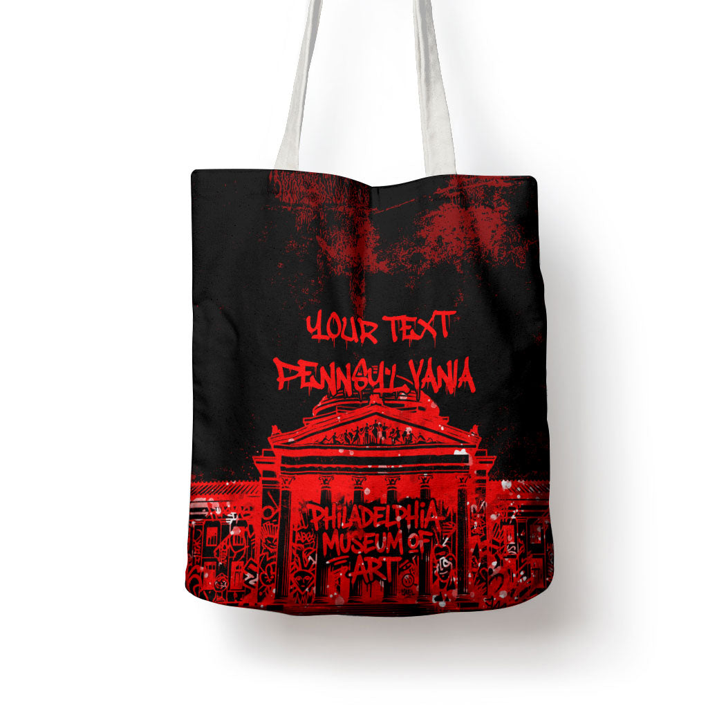 Personalized Pennsylvania Philadelphia Museum Of Art Tote Bag Red Grunge Paint Splatter Graphic