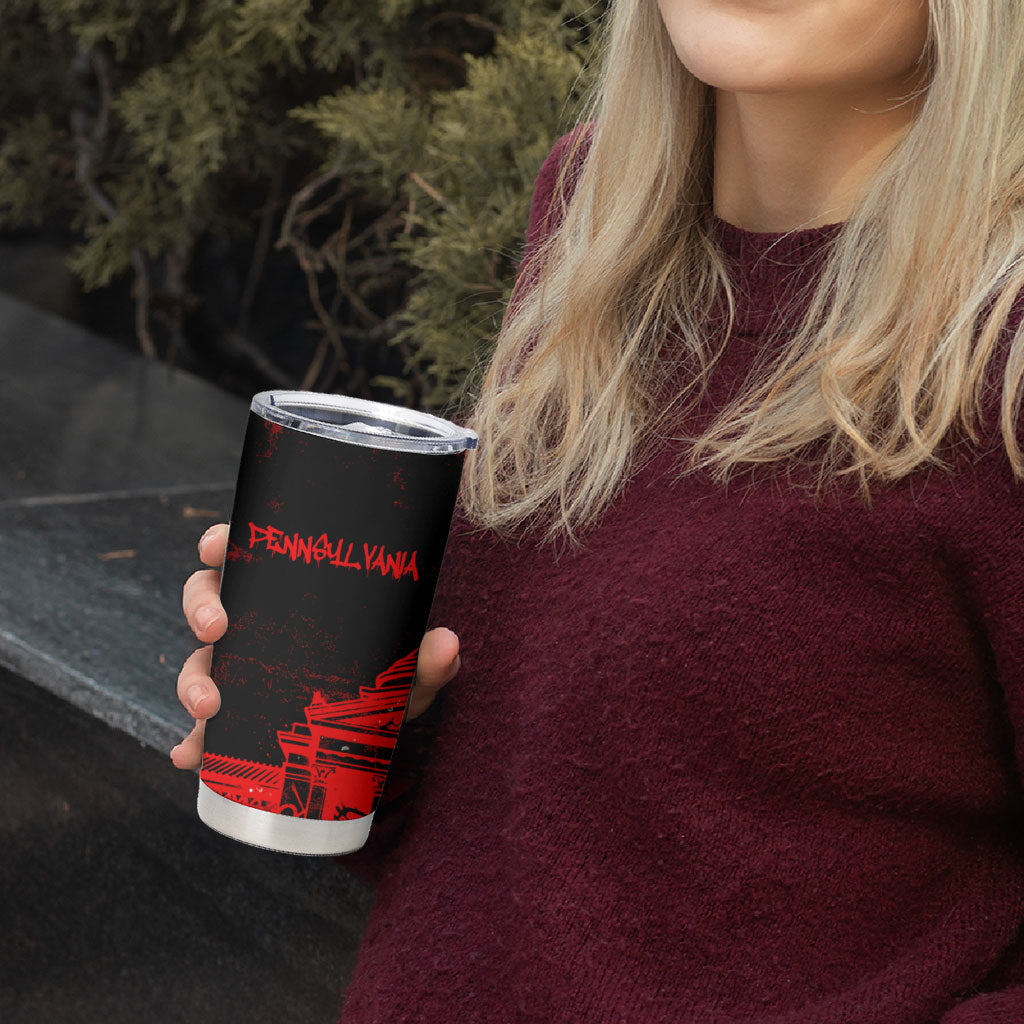 Personalized Pennsylvania Philadelphia Museum Of Art Tumbler Cup Red Grunge Paint Splatter Graphic