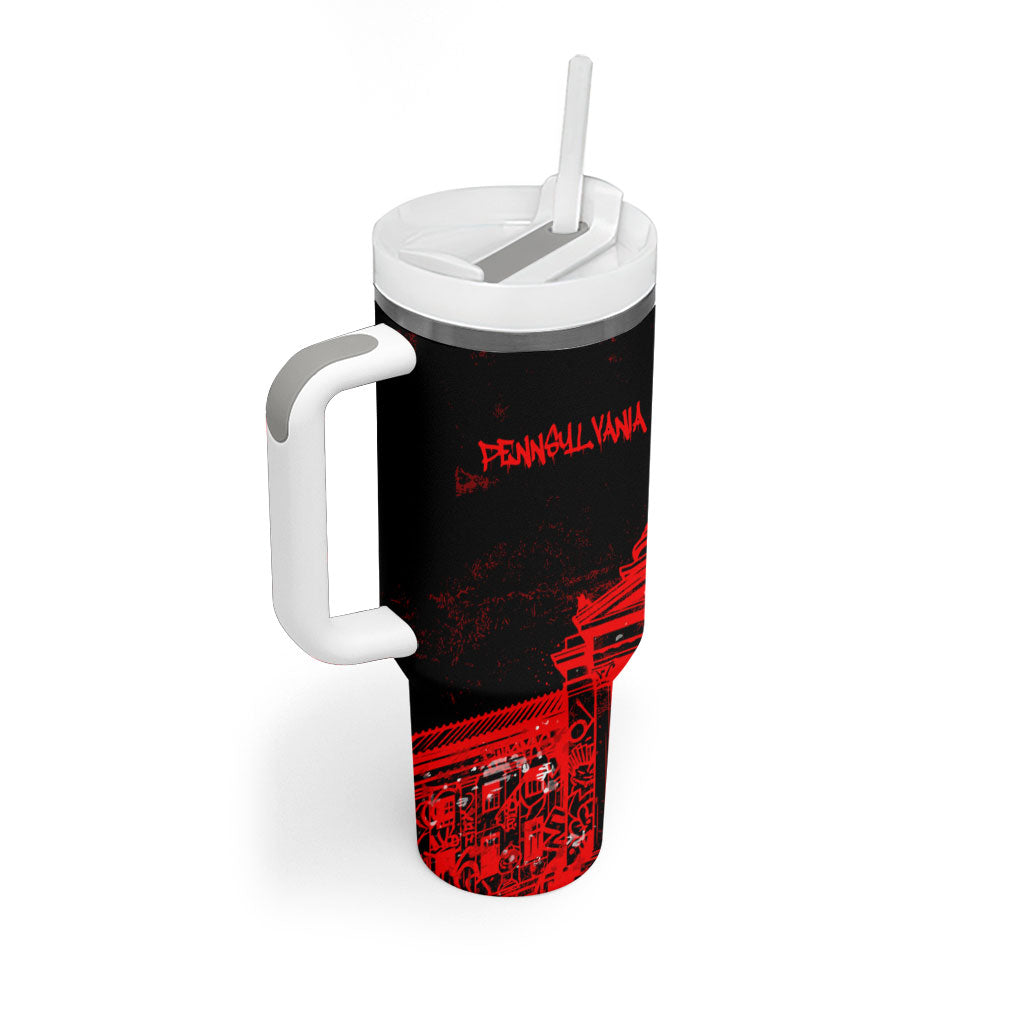 Personalized Pennsylvania Philadelphia Museum Of Art Tumbler With Handle Red Grunge Paint Splatter Graphic