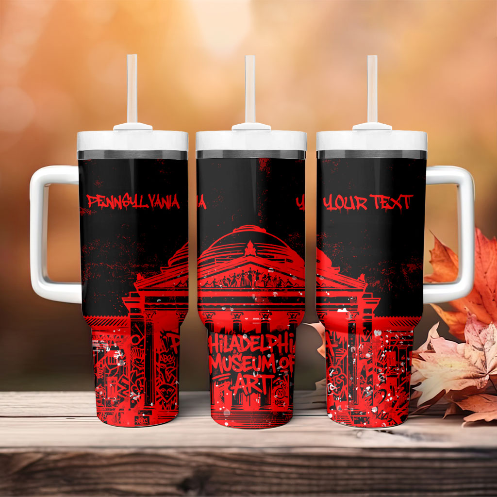 Personalized Pennsylvania Philadelphia Museum Of Art Tumbler With Handle Red Grunge Paint Splatter Graphic