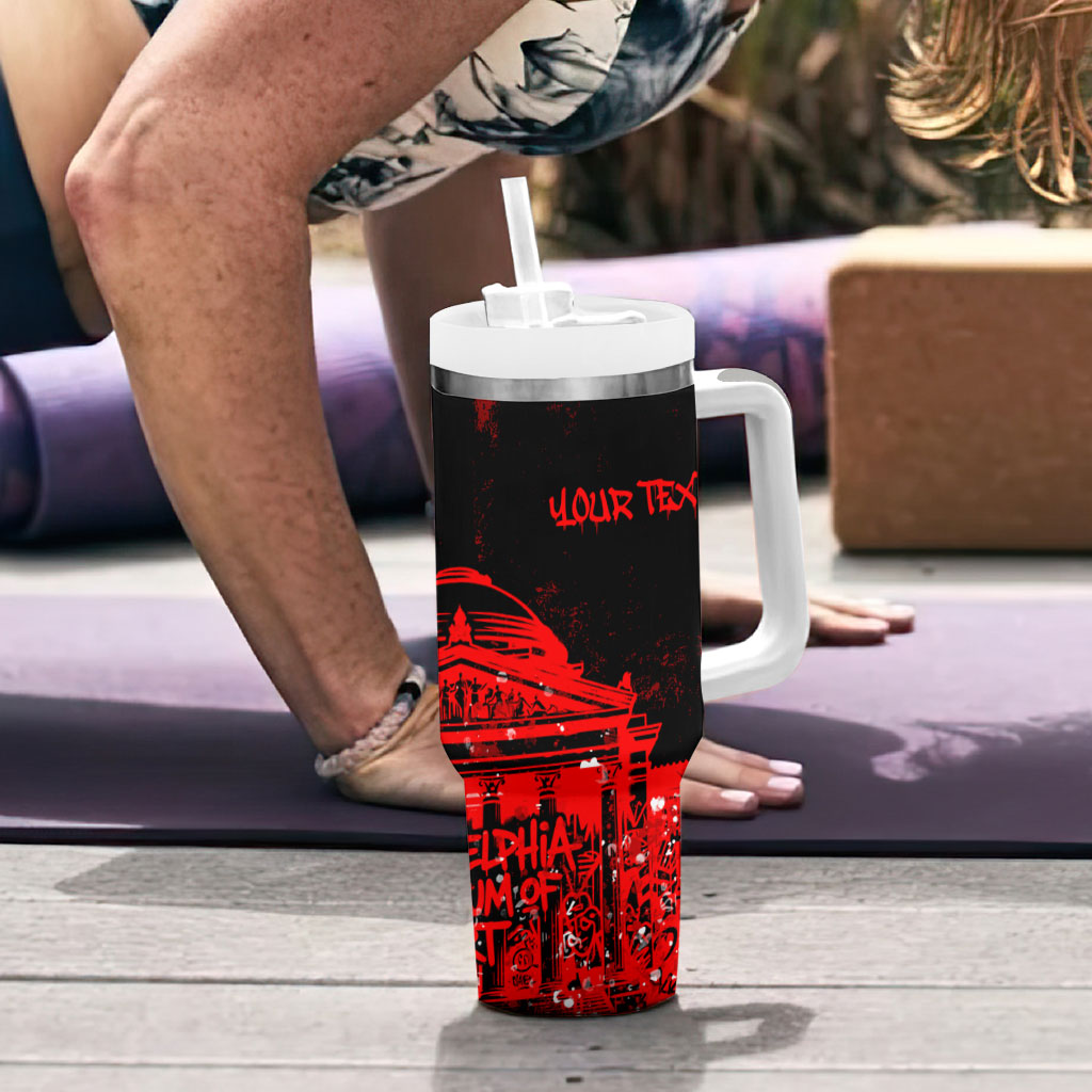 Personalized Pennsylvania Philadelphia Museum Of Art Tumbler With Handle Red Grunge Paint Splatter Graphic