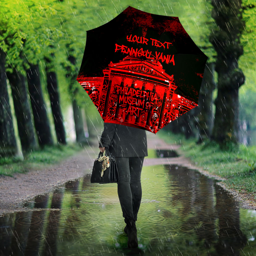 Personalized Pennsylvania Philadelphia Museum Of Art Umbrella Red Grunge Paint Splatter Graphic