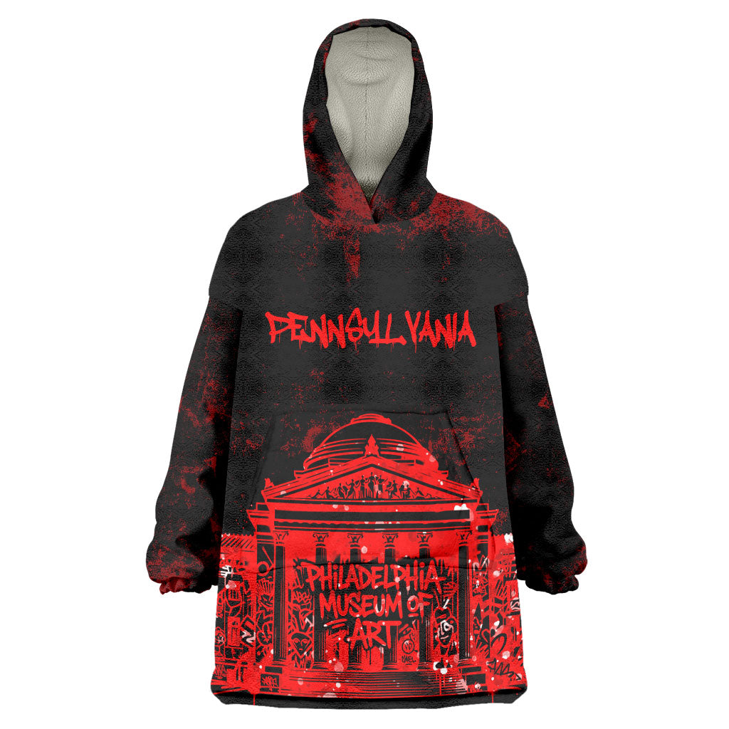Personalized Pennsylvania Philadelphia Museum Of Art Wearable Blanket Hoodie Red Grunge Paint Splatter Graphic
