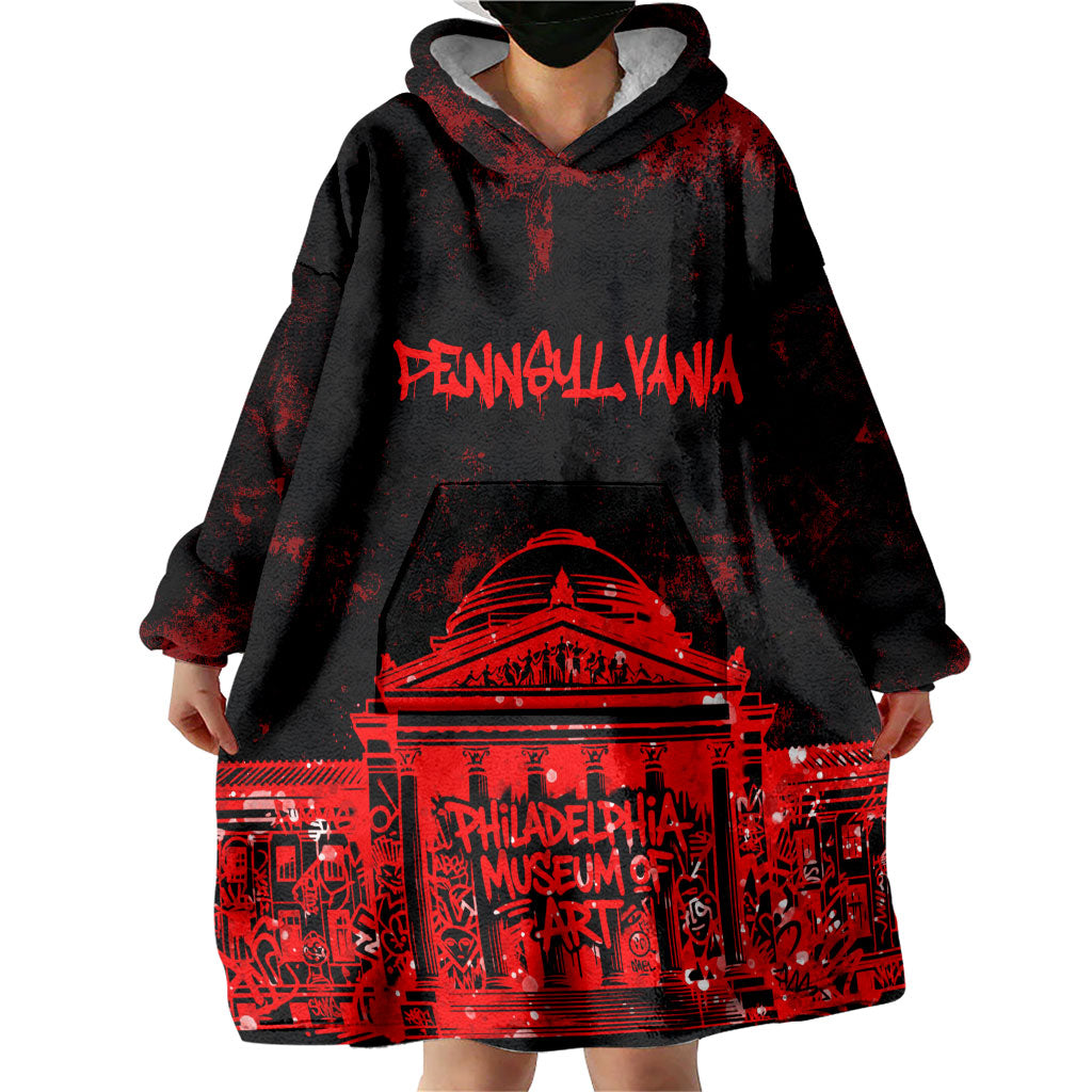 Personalized Pennsylvania Philadelphia Museum Of Art Wearable Blanket Hoodie Red Grunge Paint Splatter Graphic