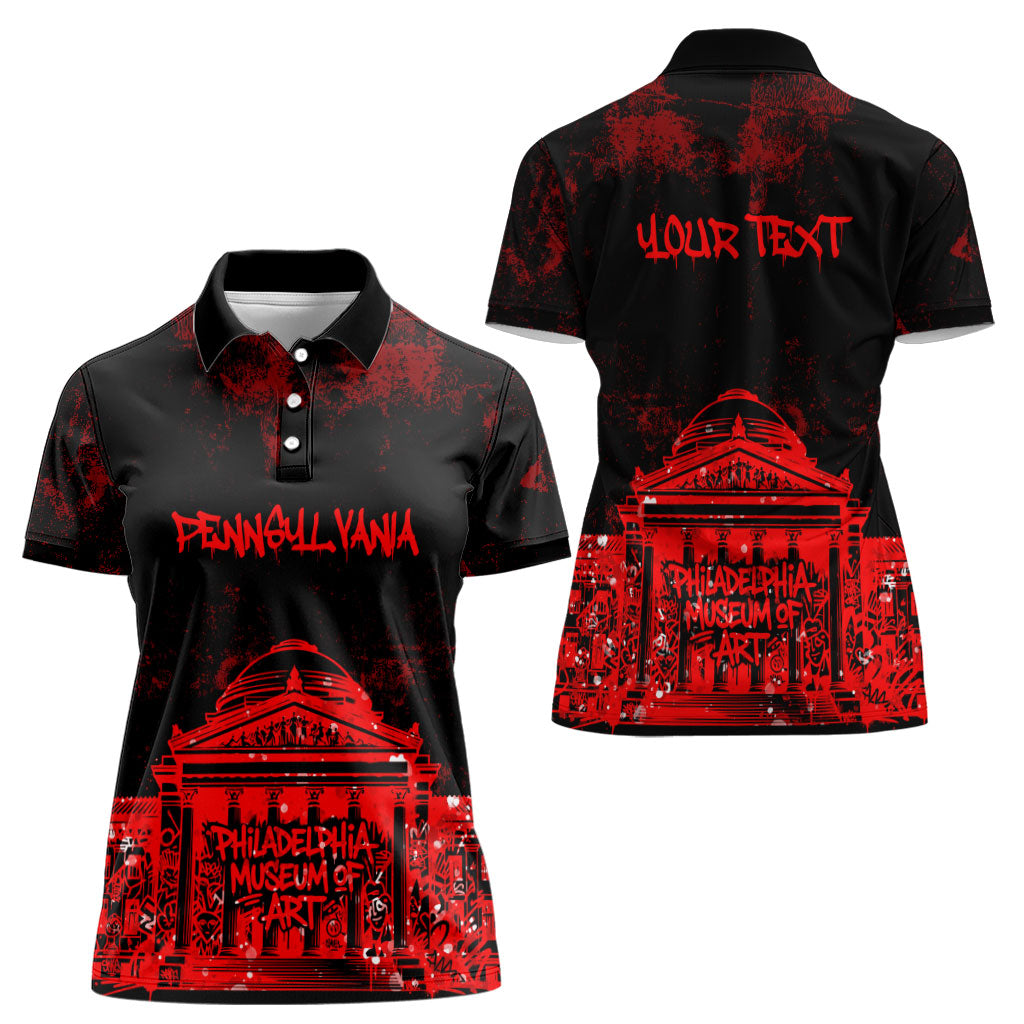 Personalized Pennsylvania Philadelphia Museum Of Art Women Polo Shirt Red Grunge Paint Splatter Graphic