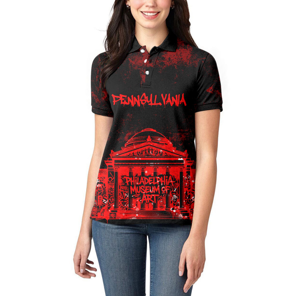 Personalized Pennsylvania Philadelphia Museum Of Art Women Polo Shirt Red Grunge Paint Splatter Graphic