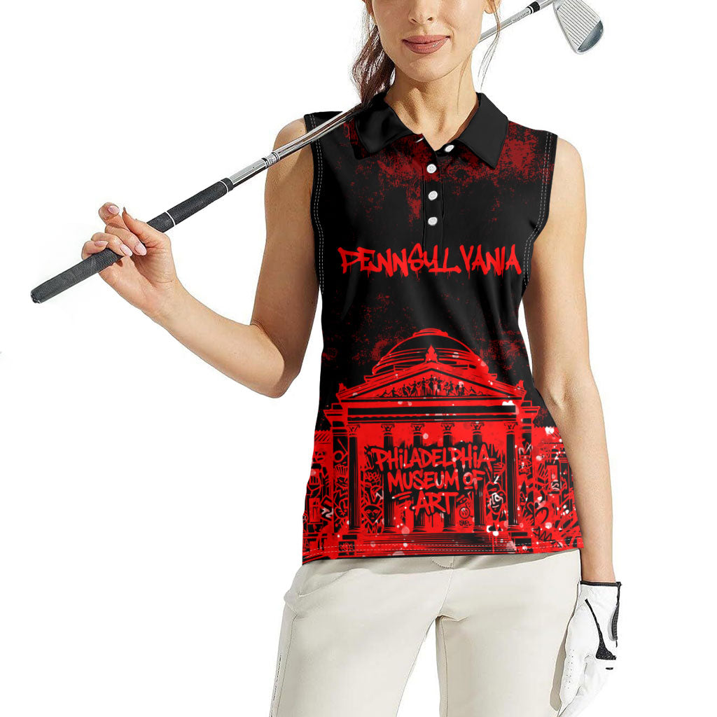 Personalized Pennsylvania Philadelphia Museum Of Art Women Sleeveless Polo Shirt Red Grunge Paint Splatter Graphic