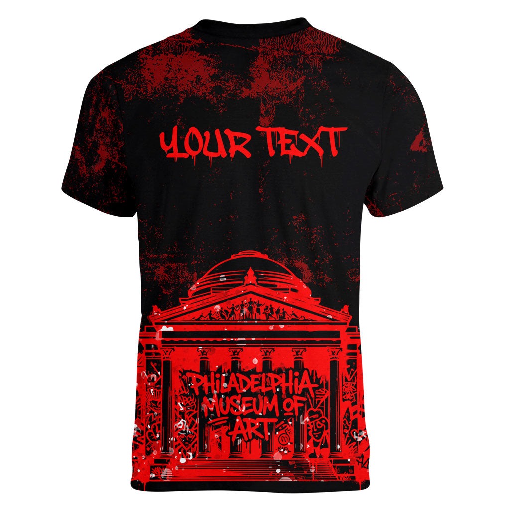 Personalized Pennsylvania Philadelphia Museum Of Art Women V-Neck T-Shirt Red Grunge Paint Splatter Graphic