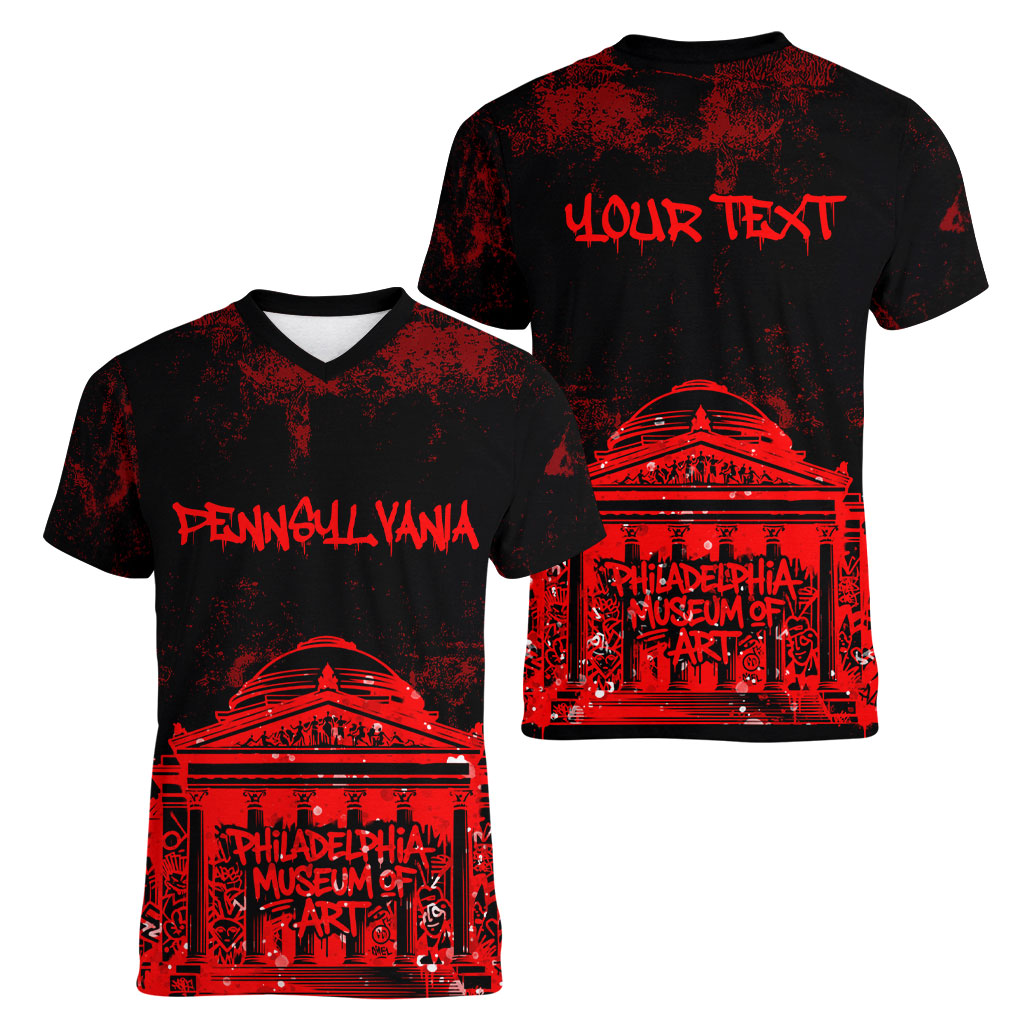 Personalized Pennsylvania Philadelphia Museum Of Art Women V-Neck T-Shirt Red Grunge Paint Splatter Graphic